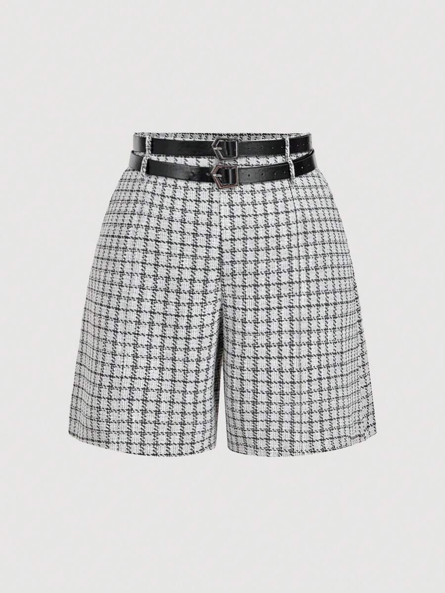 SHEIN MOD Plus Size Women Gray High Waist Shorts With Dual Belt Decor,Tweed, Black And White Check, Double Belt, High Waist Shorts, Office Siren Style