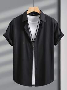 Manfinity Mode Camisa de hombre de unicolor, hombros regulares, de un solo pecho, de manga corta sencilla (Corte desordenado impreso) - Negro - Ver 3