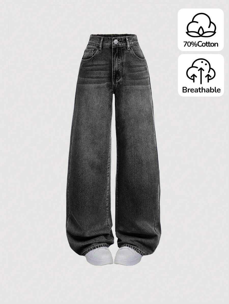 SHEIN Teen Girls Casual Streetwear Loose Fitting Boyfriend Style Solid Color Wide Leg Jeans - Grey - View 1