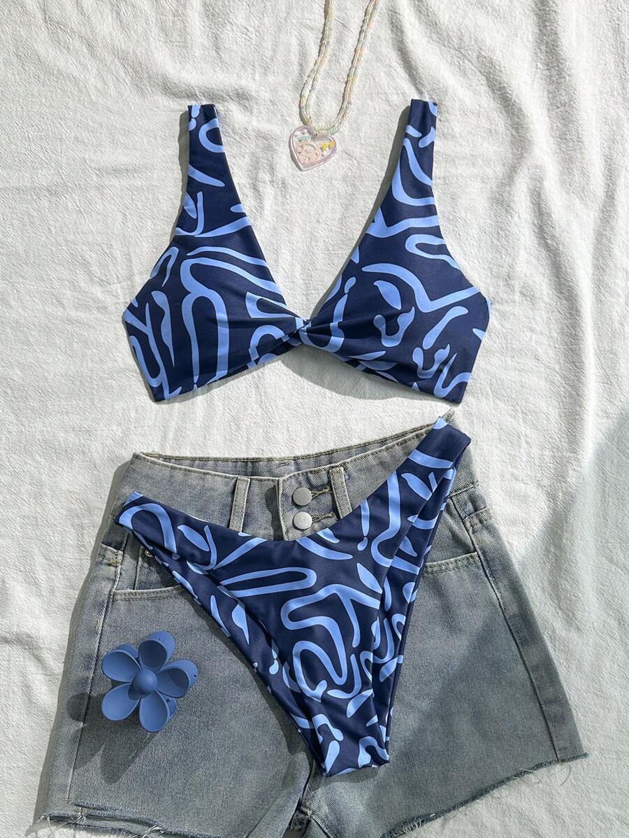 Swim Vcay Women Fashion Blue Floral Print Separate Swimsuit Set, Sexy Bikini Beachwear Suitable For Going Out For Summer Beach Vacation