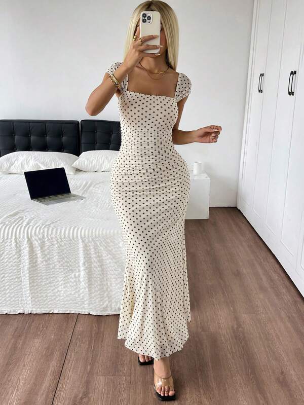 SHEIN EZwear Women's Mesh Polka Dot Long Fishtail Hem Pleated Maxi Dress For Summer And Holiday Wear