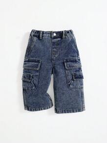 SHEIN Baby Boys Retro Vintage Stonewashed Cargo Pocket Baggy Blue Jeans,Casual And Versatile For Baby Boys Indoor/Outdoor Fall And Winter Clothes - Medium Wash - View 6
