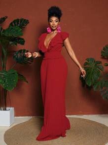 Maweii Bộ đồ liền thân xếp ly cổ chữ V sâu tay lá sen cỡ lớn dành cho nữ, trang phục đi làm hàng ngày thanh lịch - Đỏ - Xem 6