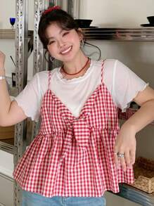 Dazy Plus 2pcs/Set Solid Round Neck White Top & Plaid Camisole, Tankdress Vacation - Red - View 8