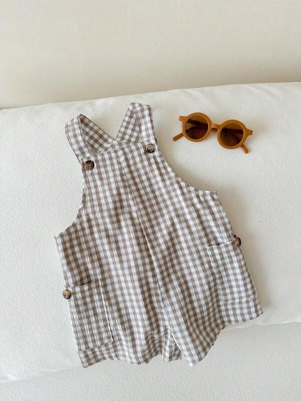 SHEIN LMoss Kids Newborn Baby Boy/Girl Versatile Cute Plaid Romper, Summer Checkered Overalls Toddler Gingham Romper Baby Checkered Outfit Mocha Baby Clothes Summer Baby Outfit