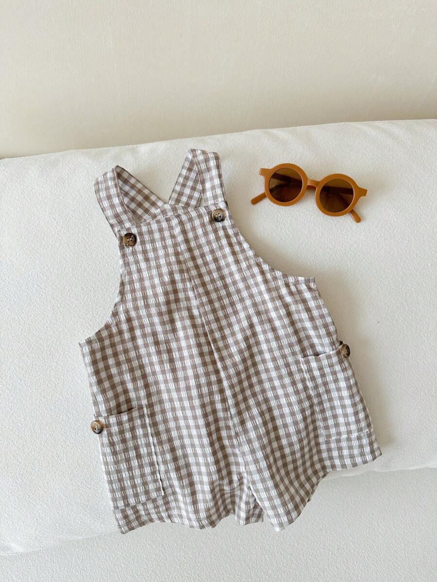 SHEIN LMoss Kids Newborn Baby Boy/Girl Versatile Cute Plaid Jumpsuit, Summer Checkered Overalls Baby Gingham Jumpsuit Baby Checkered Outfit Mocha Baby Clothes Summer Baby Outfit - Multicolor - View 1