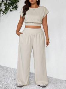 SHEIN Frenchy 2pcs/Set Plus Size Women White Summer Casual Everyday Fashion Short Sleeve Top & Long Pants Set,Commuting 2025 Spring New Outfits,Two Piece Set Women - Apricot - View 5