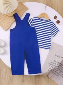 SHEIN 两件套男婴夏季服装 - 短袖条纹 T 恤和围兜裤套装，休闲可爱，适合婴儿户外穿着 - 寶藍色 - 查看 2