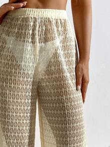 Swim Lushoire Women Summer Holiday Casual Beach Wear Set - Apricot Lace Bikini Bottom And Swimwear Cover-Up