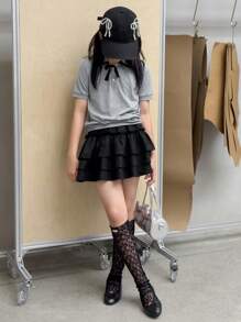 DAZY 2pcs Tween Girls Collared Short Sleeve Knit T-Shirt + Skirt Outfit, Fall Collection - Multicolor - View 3