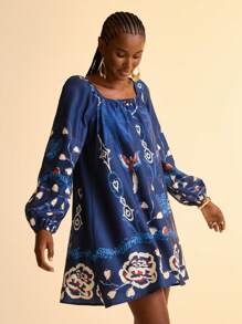 CAJUNI Vestido corto informal de manga farol de manga larga y línea A con estampado retro de pájaros tropicales y plantas en azul marino para mujeres