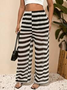 Elenzga Plus Size Contrast Color Stripe Print Elastic Waist Casual Pants Fall Cloth For Women - Multicolor - View 6