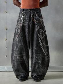 Manfinity VCAY 男式街头时尚梭织长款宽松数码印花仿链条牛仔裤 - 黑色 - 查看 2