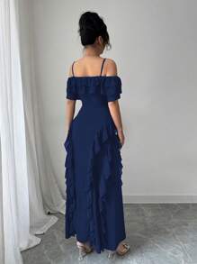 Modelyn Women's Fashion Elegant Off-Shoulder Seaweed Strip Ruffle Hem Bodycon Dress - Royal Blue - View 2