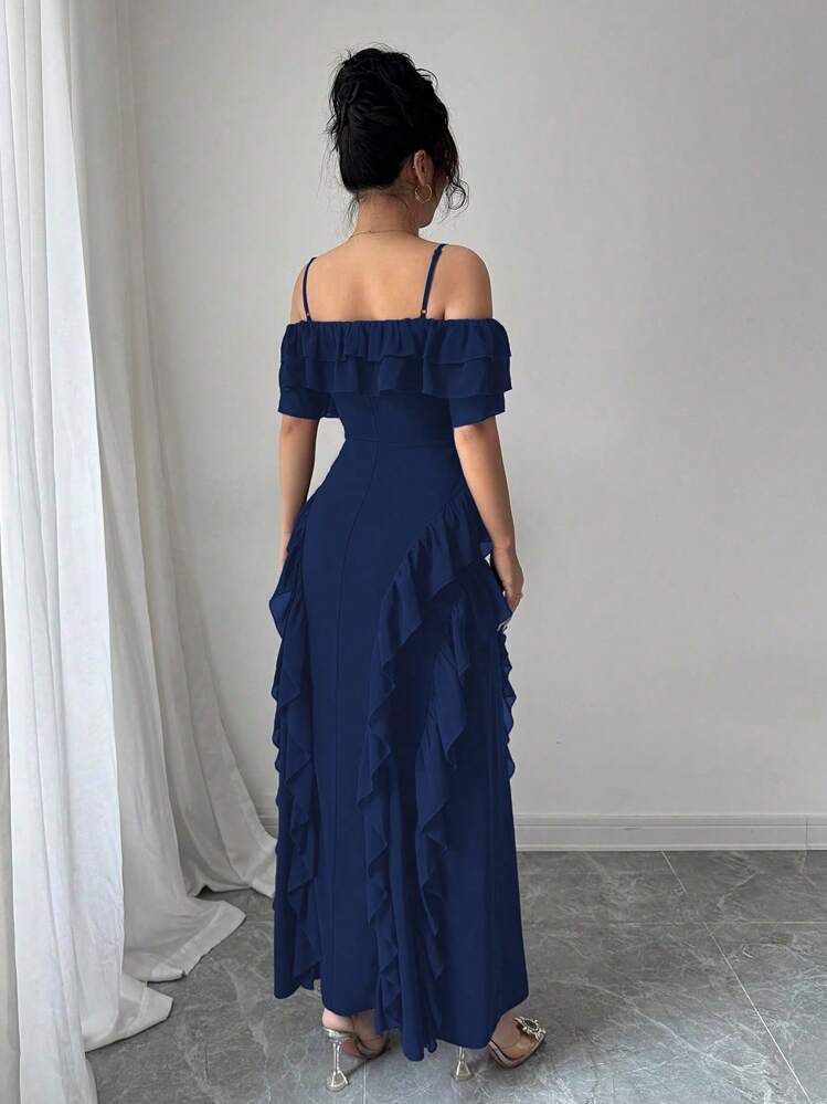 Modelyn 女士时尚优雅露肩海藻条纹荷叶边下摆紧身连衣裙 - 寶藍色 - 查看 2
