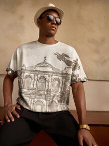 Manfinity BRENVOR Áo thun nam cổ tròn tay ngắn in họa tiết quả mơ phong cách mới mùa xuân/hè Pesri Fashion đa năng - Màu be - Xem 7