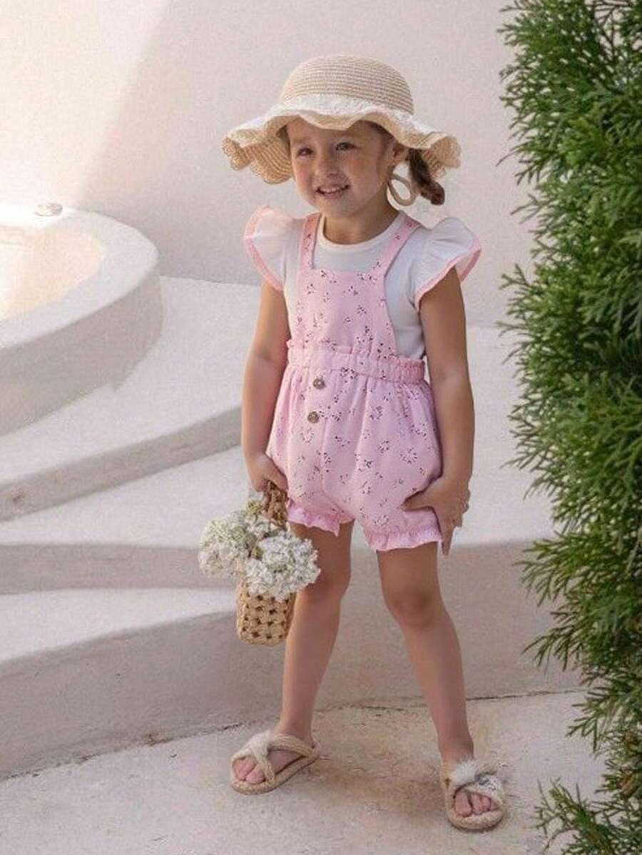 3pcs Baby Girl Set: Knitted Top With Cap Sleeves, Ditsy Floral Printed Pinafore Shorts, Hat - Multicolor - View 1