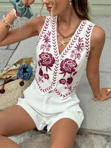 Serisse 女式刺绣 V 领纽扣前休闲无袖衬衫上衣，夏季 - 紅色 - 查看 3