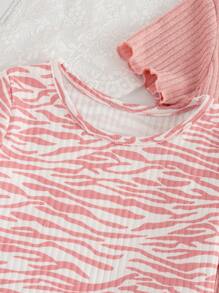 2pcs/Set New Fashion Young Girl Zebra Stripe Printed + Solid Ribbed Leggings Suit, Very Suitable For Outdoor - Multicolor - View 4