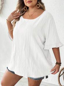 SHEIN CURVE+ 大码女式卡其色荷叶边短袖衬衫，宽松休闲下摆，适合日常及度假穿着，夏季，大码身材，波西米亚风度假/乡村/海滩度假/沙滩装 - 白色 - 查看 5