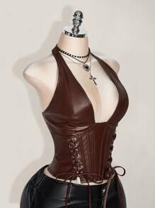 SHEIN ICON 大码女式纯色简约休闲 PU 皮革露背领扣眼装饰系带背心 Y2K 外出酒红色 V 领露肩上衣 - 棕色 - 查看 6