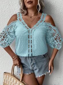 SHEIN Clasi Áo cánh ren trễ vai thanh lịch màu trơn cho nữ cỡ lớn - Màu xanh Bạc hà - Xem 5