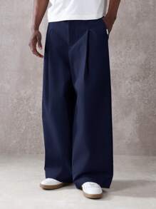 SUMWON 阔腿筒形剪裁西装裤正式商务专业直筒剪裁褶皱经典长裤 - 藏蓝色 - 查看 4