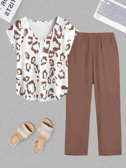 Plus Size Leopard Print Batwing Sleeve Top & Solid Color Pants Two Pieces Set For Summer