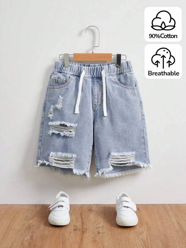 SHEIN Tween Boy Drawstring Waist Ripped Raw Hem Bermuda Denim Shorts