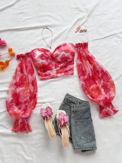 Soleia Women's Casual Romantic Off Shoulder Twist Shirt In Watercolor Floral Print, Suitable For Vacation, Easter, Graduation, Wedding, Back To School, Party, Luncheon, Garden Tea, Date, And Valentine's Day Floral Tube Top Flower Top Summer Top