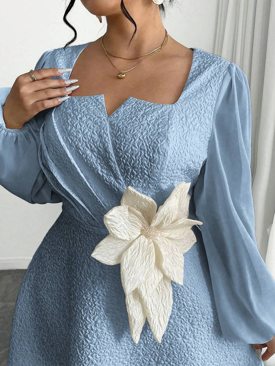 Modelyn Plus Size Women's Textured Fabric Summer Regular Shoulder Lantern Sleeve V-Neck Pleated Midi Dress Fall Cloth For Women - Blue - View 1