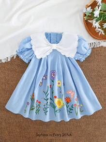 Cozy Pixies Baby Girl Ditsy Floral Round Neck Puff Sleeve Casual Versatile Dress - Multicolor - View 1