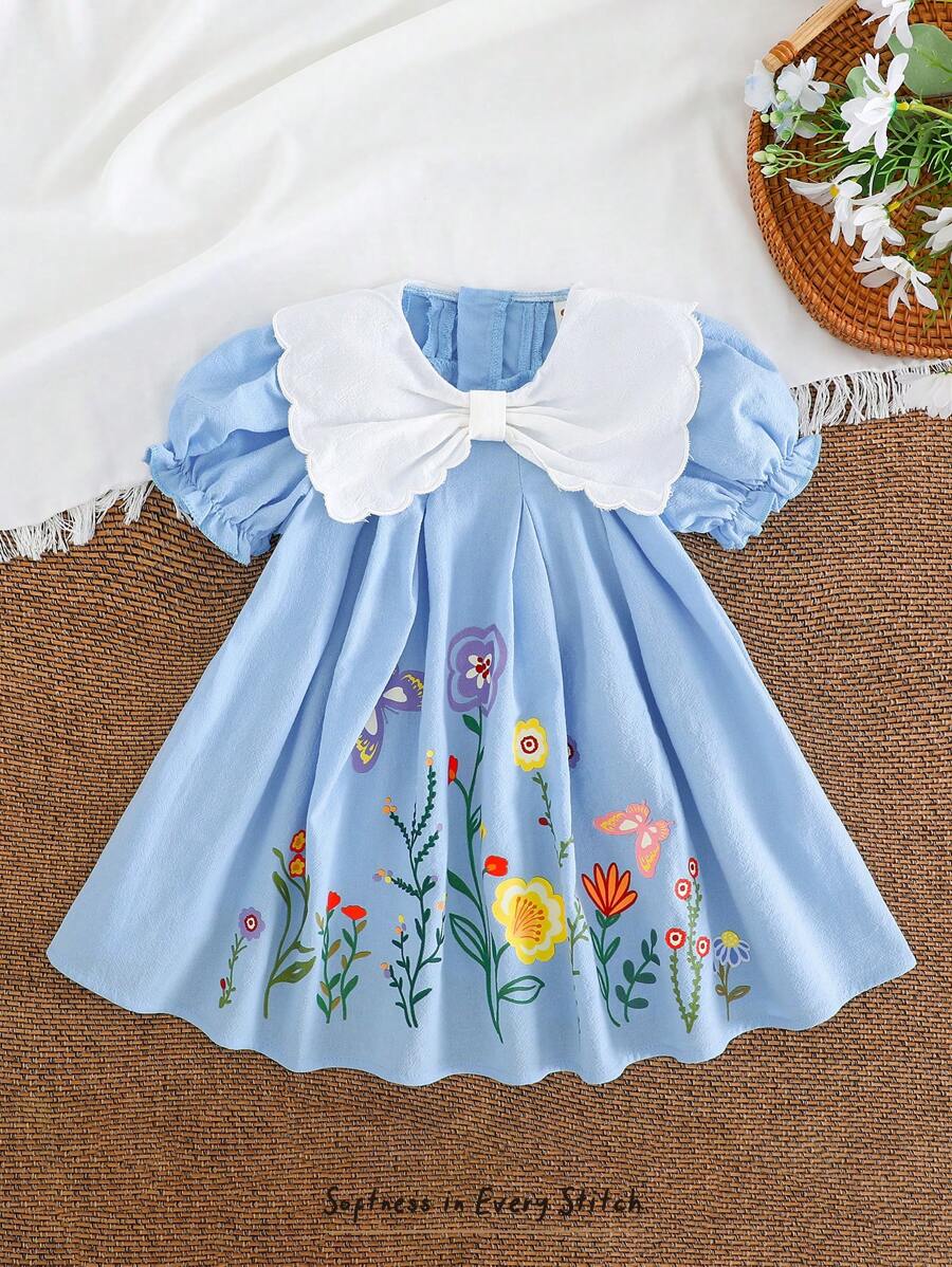 Cozy Pixies Baby Girl Ditsy Floral Round Neck Puff Sleeve Casual Versatile Dress - Multicolor - View 1