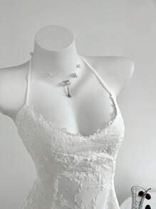 Elamini Spring/Summer Holiday Style Lace Trim Embroidered Mesh Slip Mini Dress For Women - Blue - View 1