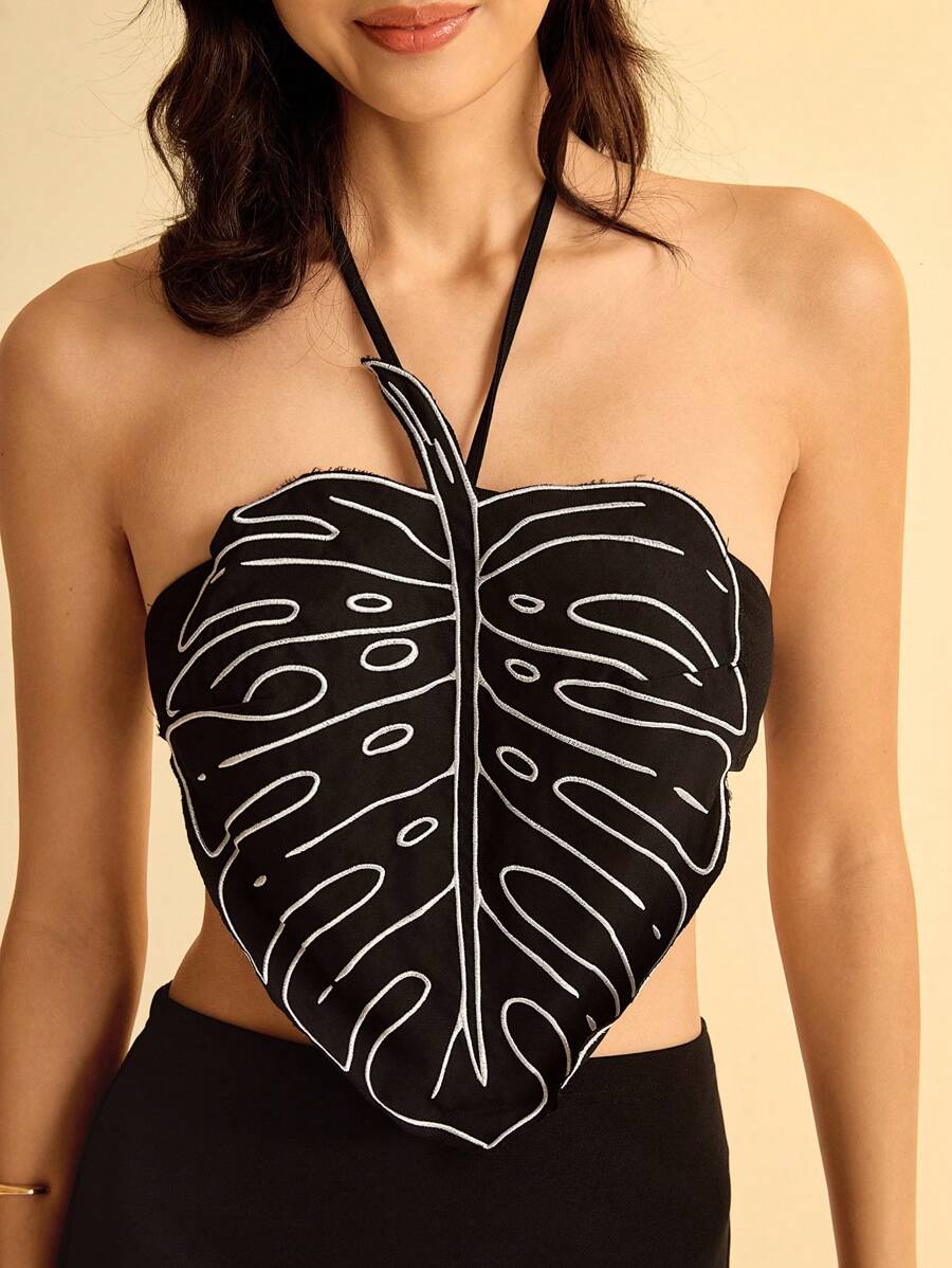 CAJUNI Turtle Bamboo Embroidery Halter Split Hem Casual Mini Dress For Women