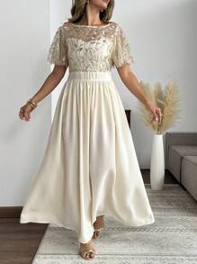 SHEIN Clasi Plus Size Women's Gold Summer Elegant Wedding Guest Sequin & Beaded Floral Pattern Mesh Panel Shiny Maxi Dress,Ladies Party Wedding Cocktail Gown - Champagne - View 5