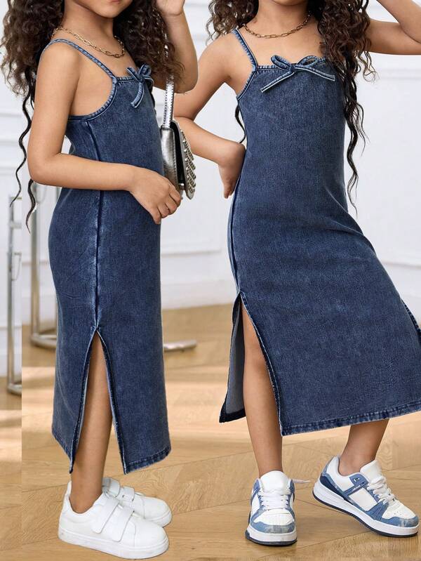 SHEIN Young Girl' Dark Blue Knit Denim Jeggings Jumpsuit Dress, Kid Girls Spring And Summer Casual Vacation Country Boho Wear, Beach Outfits For Kid Girls,Western Street Wear For Girl,Spring Break Outfits,Rave Outfits Festival Denim Dress,Young Girl Vacay Outfits