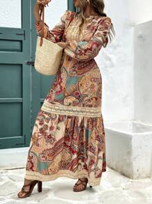 Vivid Eden Women's Floral Print V-Neck Splicing Lace Dress, Elegant For Holiday, Long Sleeve Dress, Commute, Minimalist, Office, Old Money, Simple, Button Down Dress, Fall Women Outfits, Winter Inside Out Dress, Summer Clothing,Vacation Style