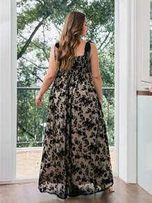 SHEIN MOD 加大码女式黑色蕾丝与植绒花卉刺绣蝴蝶结装饰网眼 A 字下摆长裙，女式婚礼宾客礼服，女式生日礼服，2000 年代风格，女式礼服，生日礼服 - 黑色 - 查看 2