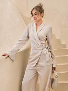 SHEIN Cottnline 2pcs Set: Wrap Waist Tie Front Jacket And Pants Suit In Bengaline Fabric - Beige - View 6