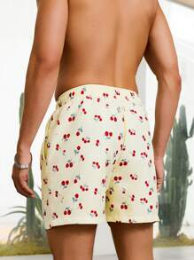 Manfinity Men's Cherry Print Drawstring Waist Pockets Beach Shorts - Yellow - View 2
