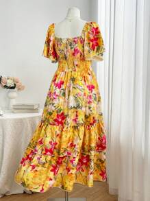Flirla Robe d'été à encolure carrée, taille empire, volants aux manches et ourlet à volants, imprimé floral tropical, pour femmes en grandes tailles - Multicolore - Voir 2