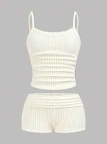 Girlism 2pcs Teen Girls Clean Girl White Striped Top And Shorts Set, Casual Solid Color Spaghetti Strap Top And Shorts Suit For Spring, Summer, New Year, Valentine's Day, Vacation Style, Holiday, Pink/Vintage - White - View 1