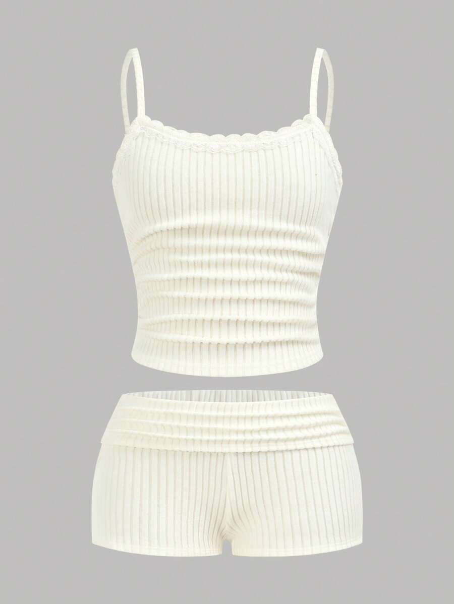 Girlism 2pcs Teen Girls Clean Girl White Striped Top And Shorts Set, Casual Solid Color Spaghetti Strap Top And Shorts Suit For Spring, Summer, New Year, Valentine's Day, Vacation Style, Holiday, Pink/Vintage - White - View 1