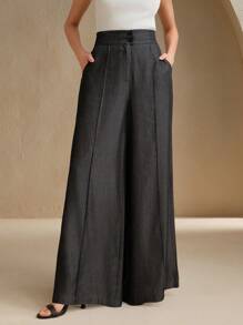 Anewsta Elaire 商务休闲优雅女士高腰现代办公室阔腿长裤 - 黑色 - 查看 1