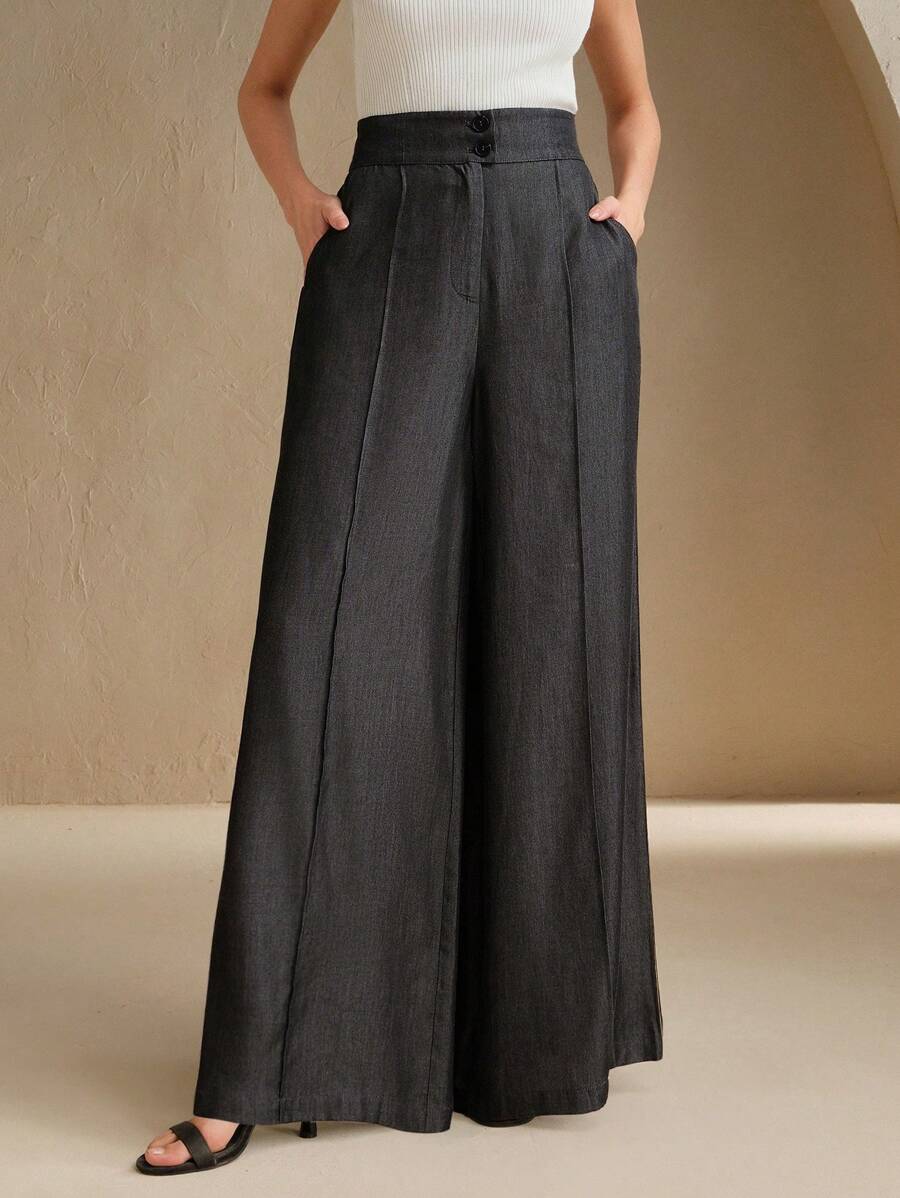 Anewsta Elaire 商务休闲优雅女士高腰现代办公室阔腿长裤 - 黑色 - 查看 1