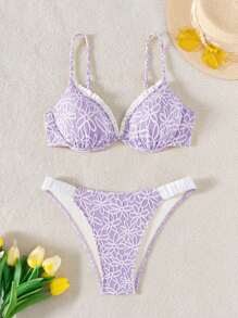 SHEIN Swim Mod Bộ đồ bơi 2 món có gọng họa tiết hoa màu vàng mùa xuân, đồ bơi bikini đi biển cắt eo hình tam giác, đồ bơi cho tiệc hồ bơi giản dị ngọt ngào dành cho nữ - Màu tím hoa cà - Xem 2