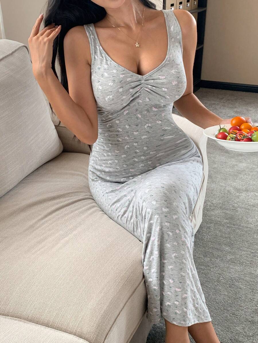 DAZY 女式夏季碎花修身深V领长款无袖睡袍睡衣 - 灰色 - 查看 1