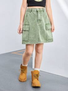 Tween Girls Fashion Washed Denim Casual Versatile Comfortable Daily Elastic Waist Teens Denim Cargo Mini Skirt - Army Green - View 6