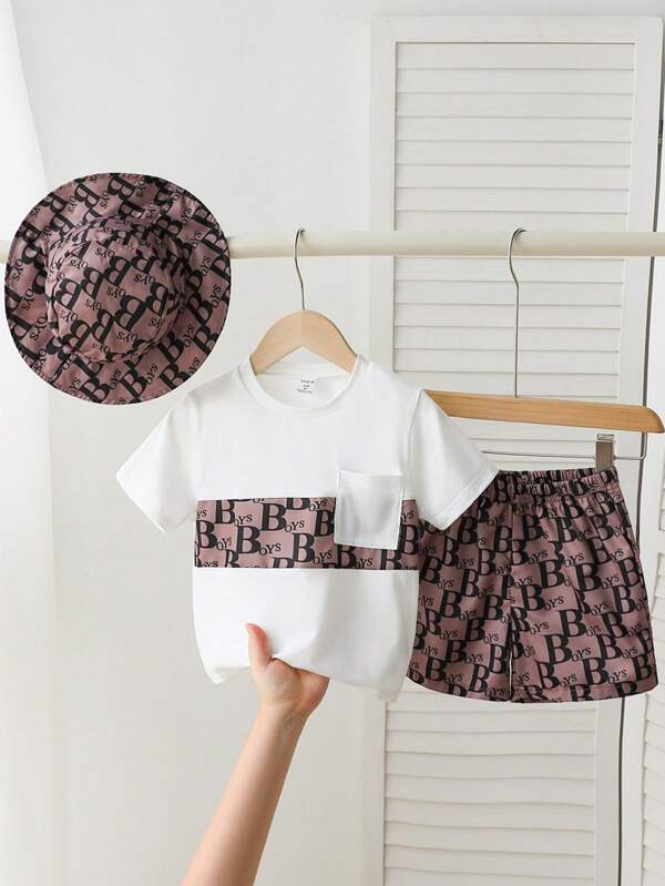 Set 2 buc. tricou și pantaloni scurți casual pentru băieți, cu mânecă scurtă și guler rotund, cu pălărie, costum, potrivit pentru zi cu zi, școală, ieșiri, primăvară și vară, vacanță